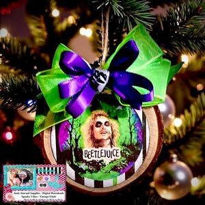 Rustic Beetlejuice Wooden Bark Ornament